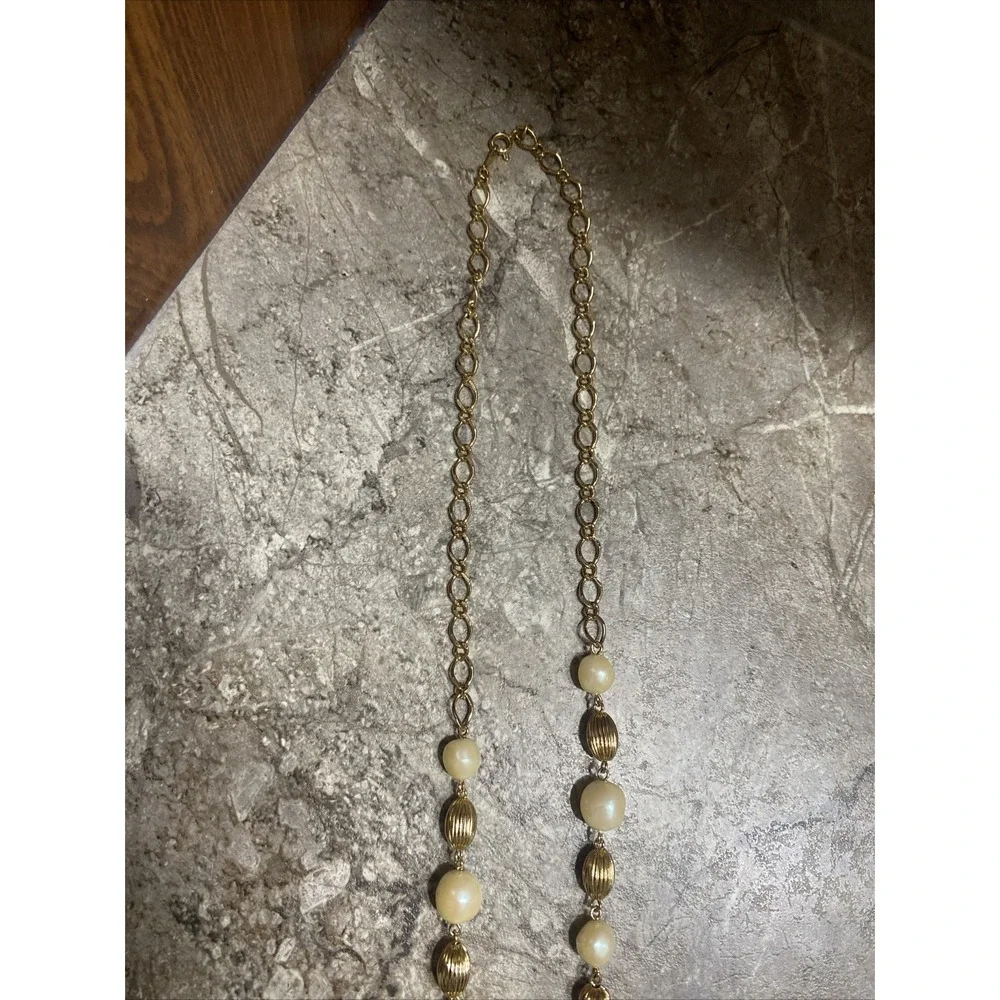 Vintage‎ Gold Tone Faux Pearl Beaded Long Necklace
